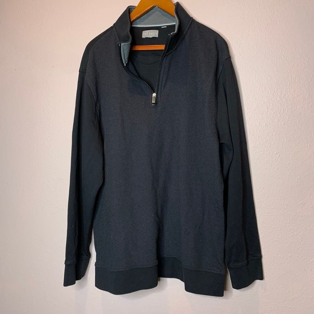 Ted Baker Sweatshirt Mens Large Blue 1/4 Zip Knit Pullover Geometric Collar